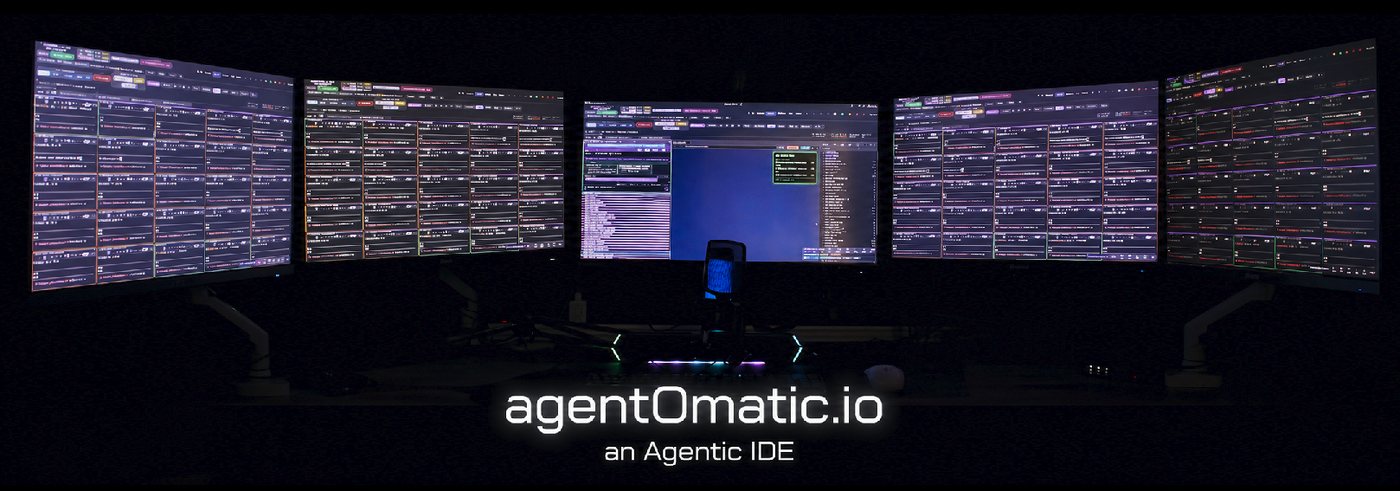 agentOmatic command center running organized AI coding agents across a real multi-monitor workspace